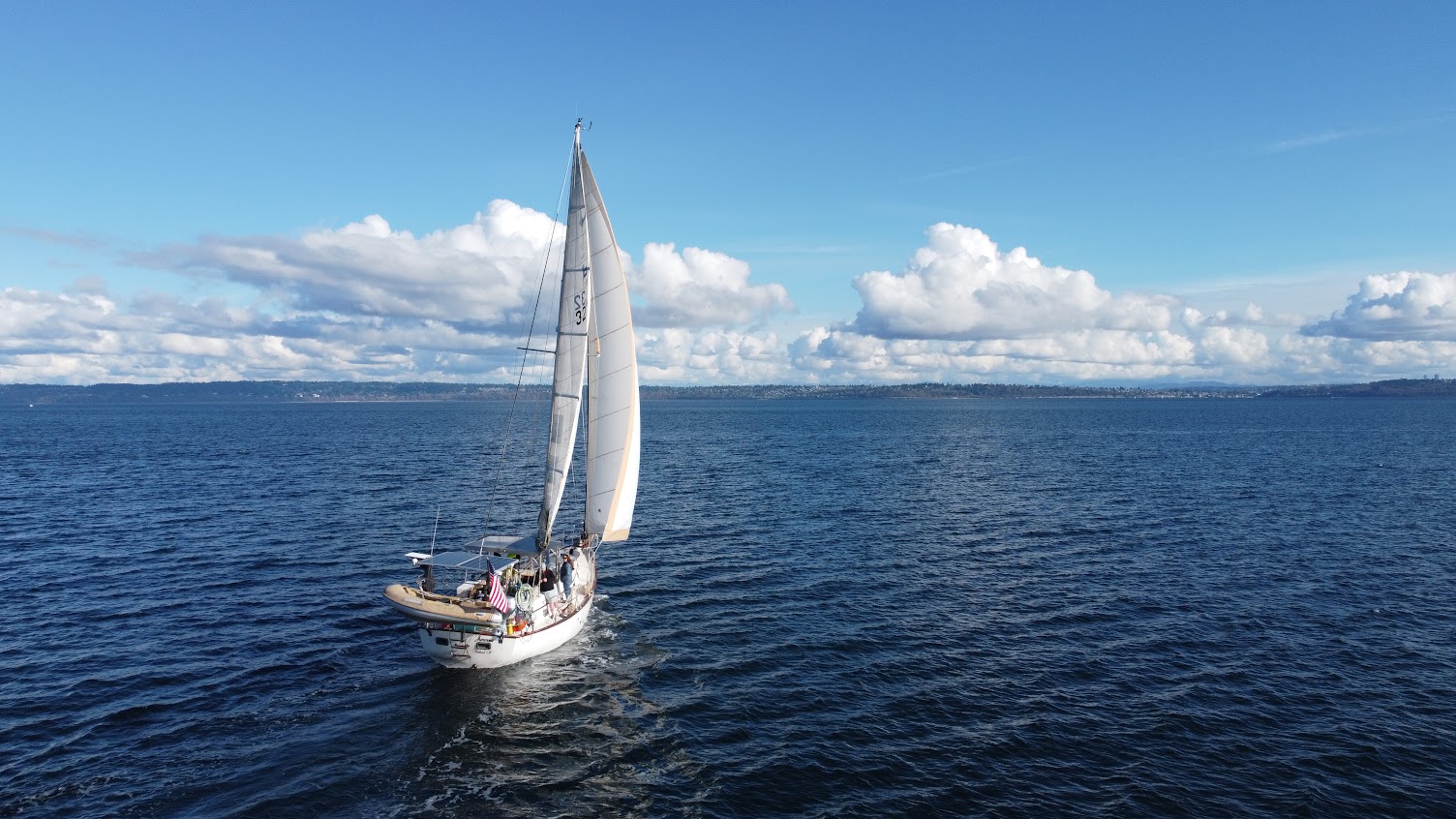 Aerial view of SV Junovia under way