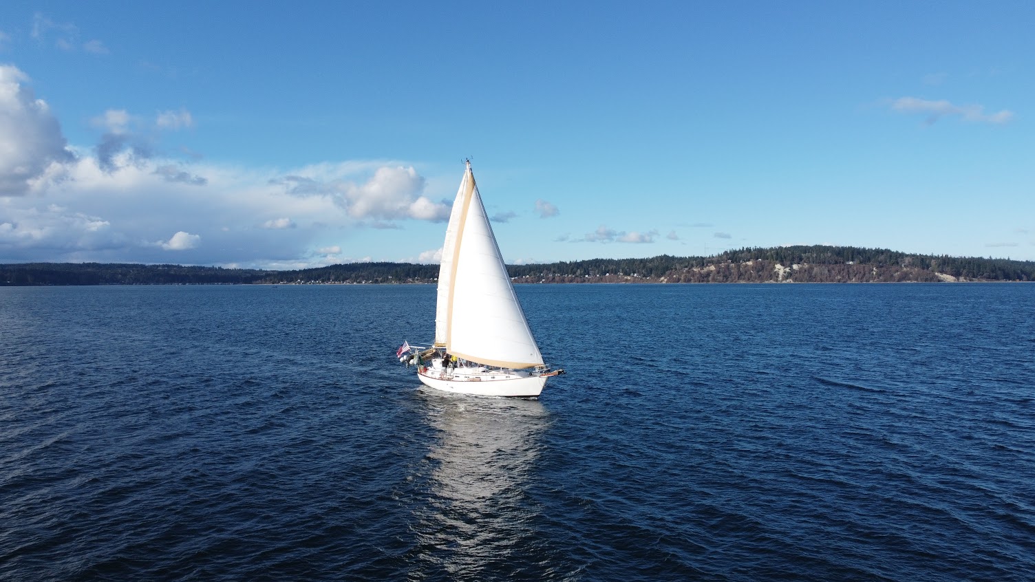 Aerial shot of SV Junovia on the water